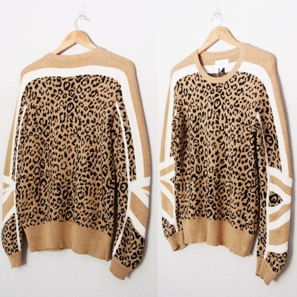 Current Elliott Duvall Leopard Animal Print Sweater 2 M Camel Black Cotton $328 - Picture 7 of 14